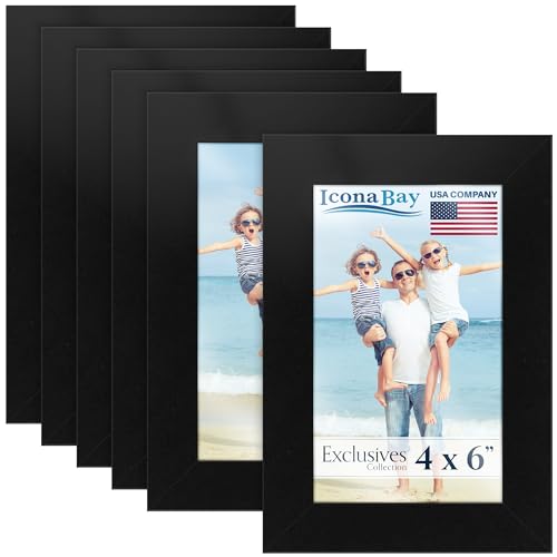 Icona Bay 4x6 Picture Frames (Black, 6 Pack), Sturdy Wood Composite Photo Frames 4 x 6, Sleek Design, Table Top or Wall Mount, Exclusives Collection