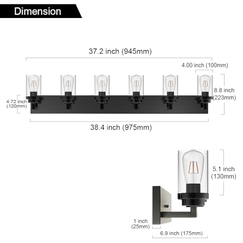 Image of MELUCEE Black Vanity Lights with Clear Glass Shade, 6-Light Modern Bathroom Lighting Fixtures Over Mirror Industrial Wall Mount Light Fixture for Powder Room Kitchen Living Room