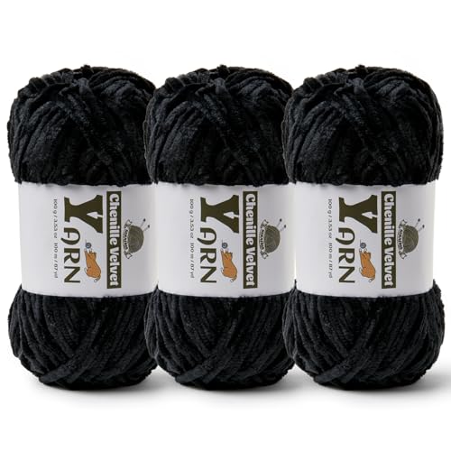 Image of 3 Pack Plush Chenille Chunky Yarn - Fluffy Velvet Yarn Crochet for Blanket Knitting and Crocheting - Soft Baby Yarns for Crocheting - Amigurumi Crochet Yarns 100g (87yds) (3 Black)