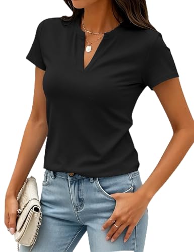 Image of Meetrendi Women's Notch V Neck T-Shirt Slim Fit Premium Cotton Blend Short Top