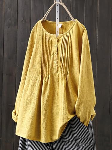 Akivide Women's Plus Size Baggy Linen Shirt Loose Long Sleeve Button Neck Blouses Tunic Tops Beach Clothes2