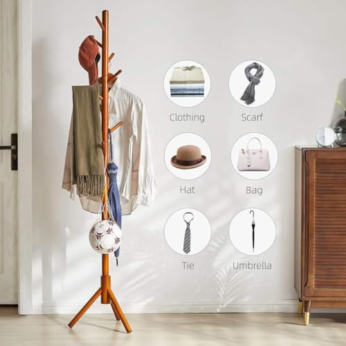 Image of JD FRESH Natural Bamboo Free Standing Coat Stand /8 Hooks Tree Shaped Coat Stand /Height Freely Adjustable Coat Rack /Cloth Hanging Stand for Coats, Hats, Clothes and Handbags (1 Piece)
