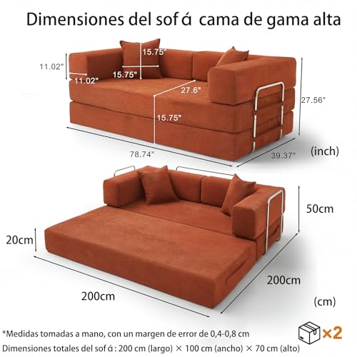 200cm Sofá Cama 3 Plazas con Espuma & Muelles para Salón,Naranja - características