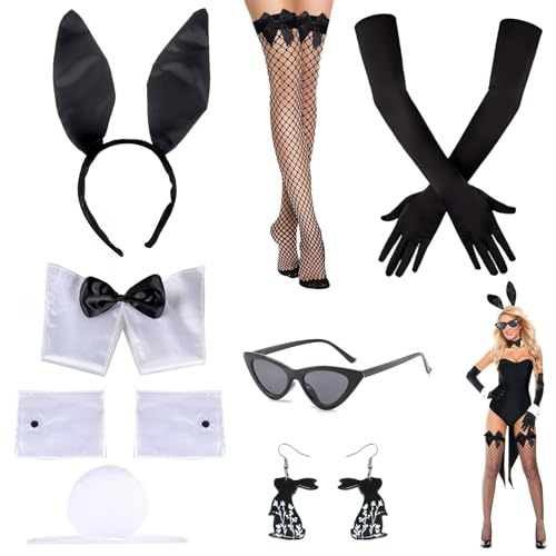 Eowppue Hasenohren Kostüm Set mit Bunny Ohr Headband, Schwanz, Handschuhen, Fliege und Socken für Ostern und Karneval, Schwarz, Einheitsgröße