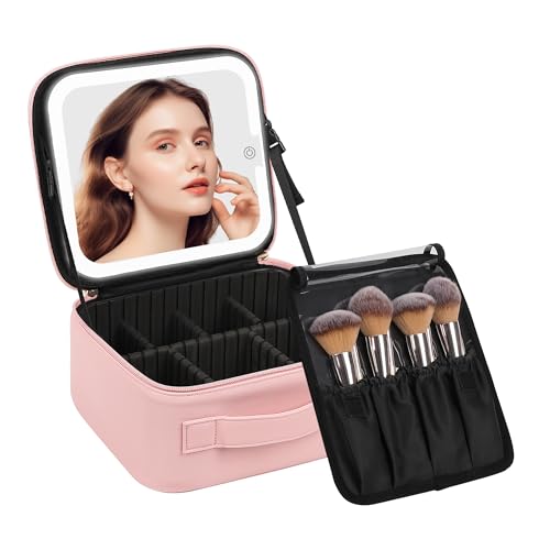 Chomeiu Bolsa de maquiagem com espelho de LED, estojo de maquiagem, portátil, luzes de 3 cores, B - Rosa, Standard, Bolsa de maquiagem de viagem para mulheres
