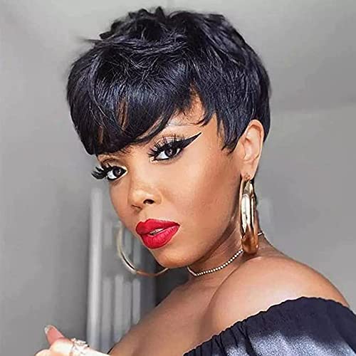 Sakula Human Hair Short Pixie Cut Wigs with Bangs for Black Women 150 Density for Daily Party Use (Natural Black Wig,6inch)