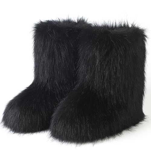 Women's Faux Fur Boot, Round Toe Suede, Warm Snow Comfy Plush Short Flat Mid-Calf and Knee High Furry Fluffy Boots