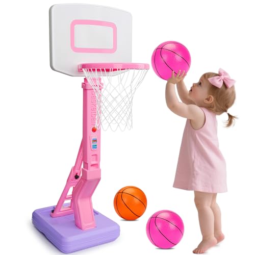 Image of Qirptey Toddler Girl Basketball Hoop Indoor Pink Adjustable Mini Basketball Goal with Ball Pump for Outdoor Poolside Toys Backyard Game Outside Basketball Toy for Kids Age 3-5 6 7 4-8 Birthday Gift