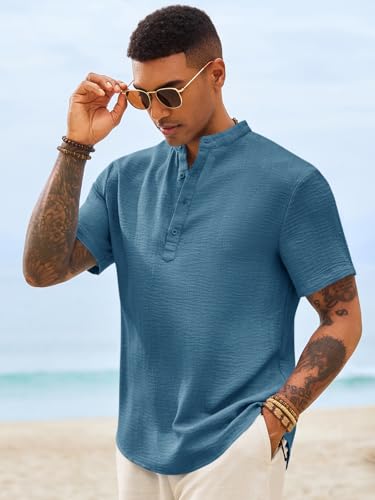 Image of Runcati Mens Casual Henley Shirt Short Sleeve Band Collar Textured Shirts Summer Beach Hippie T-Shirts