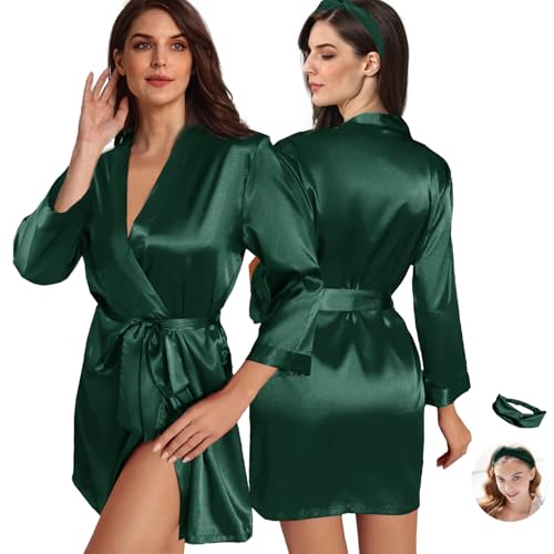 Image of WJing Yi Jia 2Pcs Womens Floral Kimono Robe Silk Robes Bride Bridesmaid Satin Robes Bridal Dressing Gown Silky Bathrobe