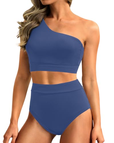 Image of Holipick Women One Shoulder High Waisted Bikini Set Two Piece Tummy Control Swimsuits Full Coverage Bathing Suit