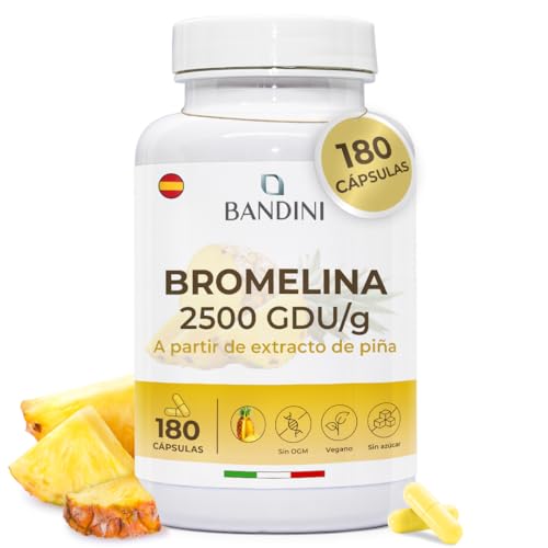 Bandini® Bromelina alta dosis | 180 cápsulas veganas gastrorresistentes | 1000 mg - 2500 GDU por dosis diaria (2 cápsulas) | 3 meses de suministro | Máxima biodisponibilidad | Extracto natural de piña