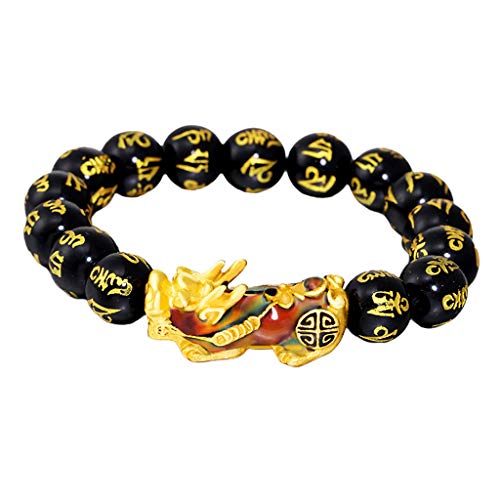 Baoblaze Feng Shui Obsidian Preto Esculpido Talão Pixiu Pulseira - Preto