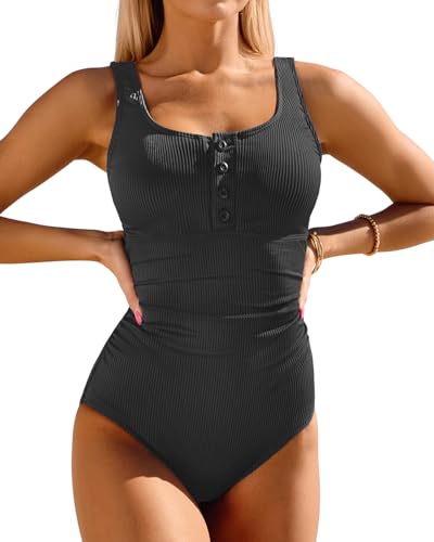 Daci Women Ribbed One Piece Swimsuits Tummy Control Full Coverage Bathing Suit Cute Button Up Ruched Modest Swimwear