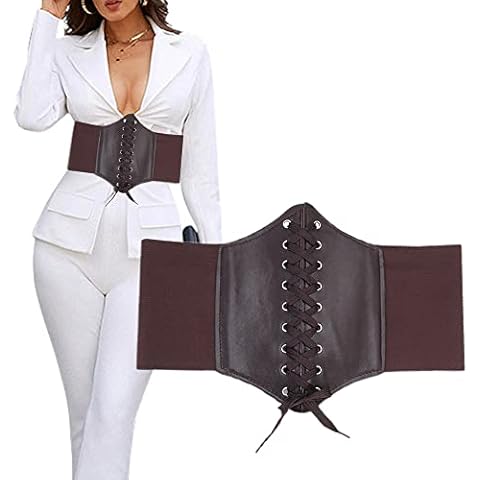 XCSJ Women's Tied Waspie Belt Corset Elastic Waist Belt Retro Wide Corset Belt Dress Waist Belt Women's Lace Up Corset Elastic Wide Band for Shirt, Dress, Coat (Brown) Cover