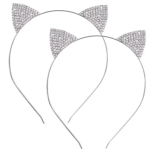Hotop 2 Pack Crystal Rhinestone Metal Cat Ear Headband Hair Bands Headwear for Women Girls Hair Accessories