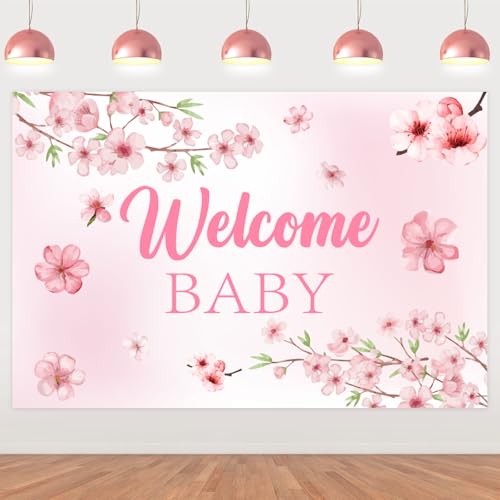 Décoration murale baby shower rose motif cerisier pour masquer un mur vide