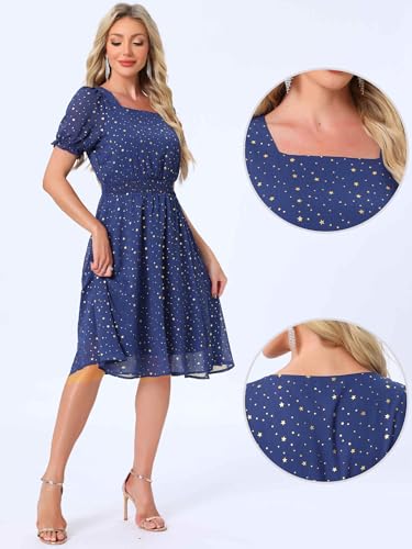 Image of Allegra K Party Midi Dress for Women Ruffle Short Sleeve Elastic Waist A-Line Metallic Star Dresses
