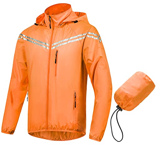 Image of CREATMO US Men's Packable Waterproof Running Rain Coats Reflective Cycling Jacket Windbreaker With Removable Hood