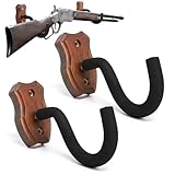 SCUNDA Gun Rack for Wall, Indoor Gun Rack with Soft Padding, Horizontal Rifle Holder Wall Mount, Heavy Duty Rubberwood & Metal Bow Hook for Rifles, Shotguns, Hunting Gear(Walnut Color)
