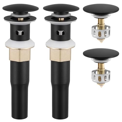 KES All Metal Bathroom Sink Drain with Overflow, 2 Pack, Lavatory Vanity Pop Up Drain with Detachable Hair Catcher, Rustproof 18/8 Stainless Steel, Matte Black, S2013A-BK-P2