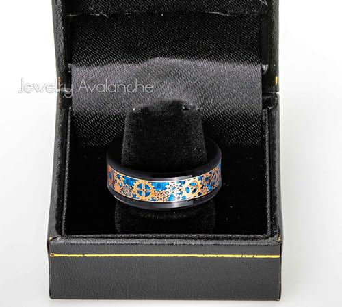 Black IP 8mm Beveled Edge Rose Gold Steampunk Gear Over Blue Carbon Fiber Inlay Wedding Band Comfort Fit - Mens Tungsten Carbide Ring3