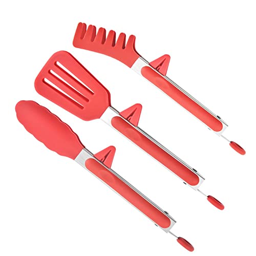 Image of YANCI Kitchen Tongs Set of 3, Multipurpose Heat Resistance Cooking Tongs with Resting Gadget, Heavy Duty Stainless Steel with Robust Silicone Tips & Locking Clips for Cooking BBQ Baking (Red)