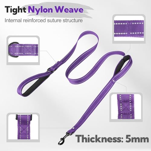 Dual-Handle Dog Leash 6FT, Heavy Duty Nylon with Reflective Threads,Purple — view 7
