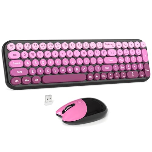 Kabellose Tastatur und Maus Combo, MOWUX Kompakte Schreibmaschine, Retro, runde Computer-Tastatur, niedliche optische Maus, kabellos, Plug-and-Play, für Laptop, PC, Computer - Schwarz Rosa Farbverlauf