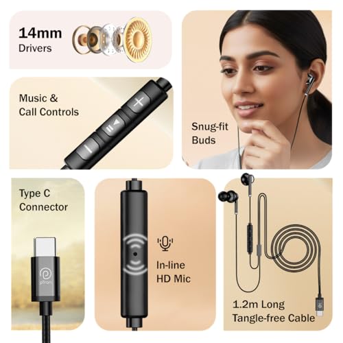 Image of pTron Boom Play X6 in-Ear Type C Wired Earphones with Mic, 14mm Drivers for Pristine Sound, 1.2M Tangle-Free Cable, in-Line Controls, Snug-Fit & Wide Compatibility with C Type Devices (Black)