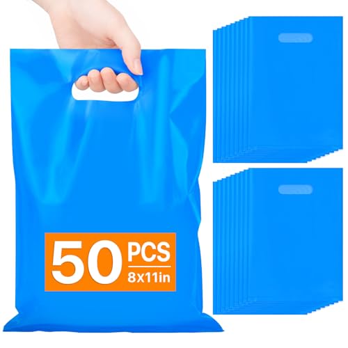 ANZNKU Blue Goodie Bag 50 PCS Party Favor Bags for Easter Candy Treat Jewelry Craft Plastic Gift Bags with Die Cut Handles for Birthday School Events & Small Business Wedding(8x11 inch)