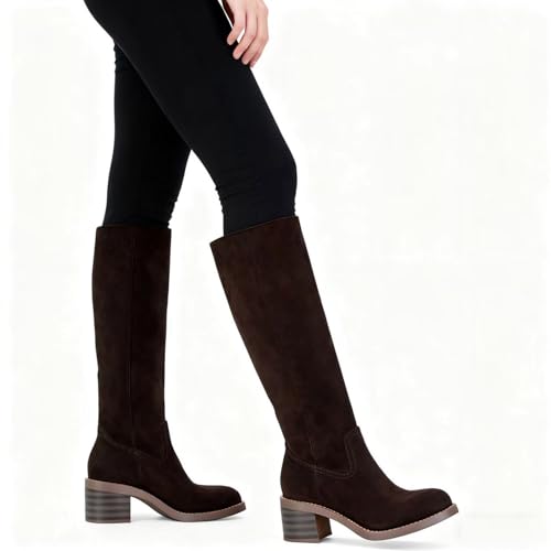 Image of ZJGZF Womens Banana Knee High Boots Square Toe Comfortable Boots Block Heel Riding Boots Wide Calf Tall Boots
