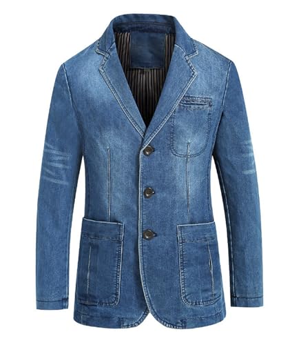 SOMTHRON Men's Classic Notched Collar 3 Button Denim Jacket Single Breasted Distressed Business Blazer Sport Coat