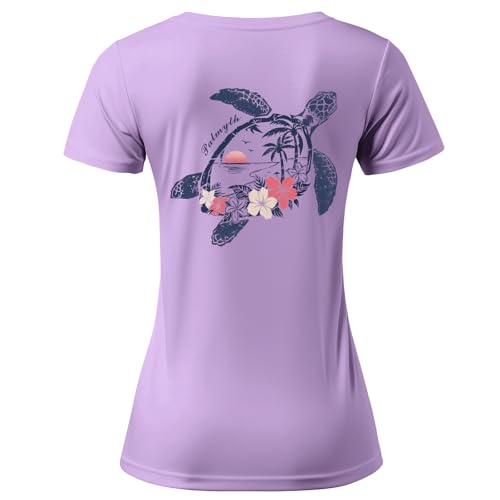 Palmyth Womens Fishing Shirts UPF 50+ Sun Protection T-Shirt Quick-Dry Short Sleeve Rash Guard Tops (Lilac/TurtleFlower L)