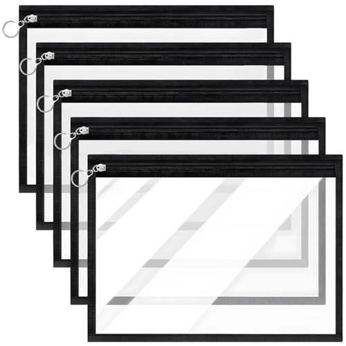 5 organizadores de documentos de PVC transparente, bolsas impermeables con cremallera con ribete negro para oficina, escuela, viajes, 7.5 x 11.4 pulgadas