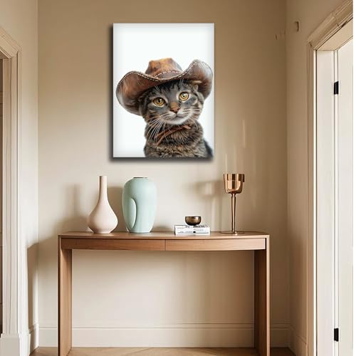 Toile murale chat cowboy fantaisiste 80x120cm sans cadre décoration salon et chambre d'enfant