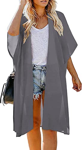 Image of Indian Trendy Women's Solid Puff Sleeve Kimono Long Cardigan Loose Cover Up Casual Blouse Top Chiffon