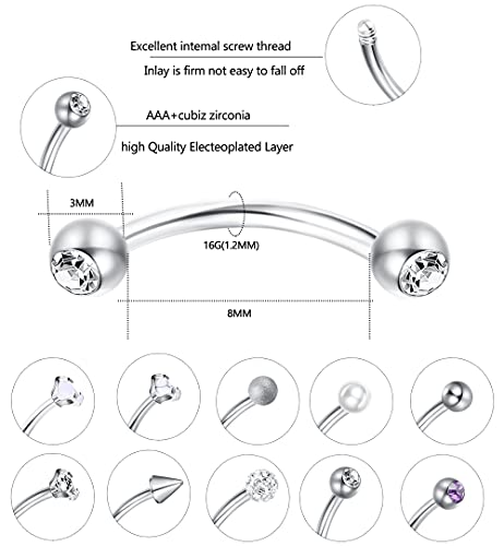 Sanfenly 15Pcs 16G Silver Rook Daith Piercing Jewelry Eyebrow Rings for Women Stainless Steel Belly Lip Ring Cartilage Tragus Earrings CZ Body Piercing Curved Barbell Eyebrow Piercing Jewelry 8mm
