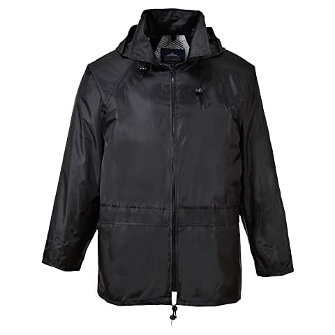 Portwest US440 Men's Waterproof Rain Jacket - Lightweight Durable Hooded Weather Protection Safety Jacket Black, Large Cover