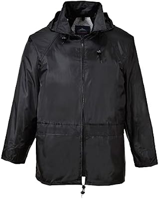 Portwest US440 Classic Waterproof Rain Jacket – Pack‑Away Hood, Sealed Seams, Black, Large