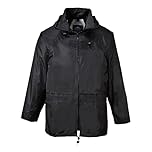 Portwest S440 Men's Classic Waterproof Rain Jacket with Packaway Hood - Lightweight Breathable Outdoor CE Certified Raincoat, Black, L