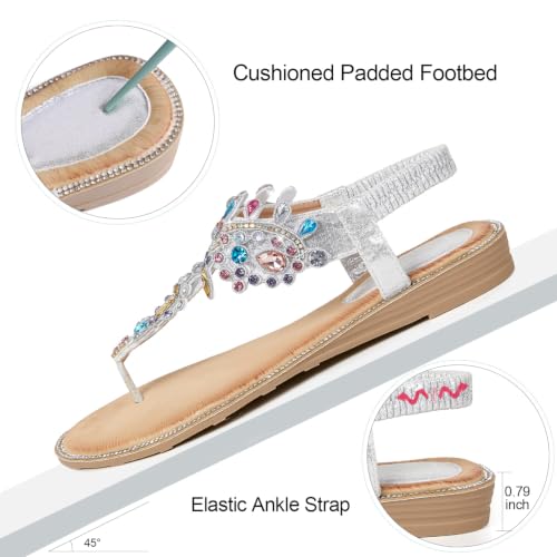 Image of iCKER Women Flat Thong Sandals Rhinestone Sparkly Boho Elastic Ankle Strap | Non‑slip,Matches Summer Dresses,for Vacation,Wedding,Evening and Festival
