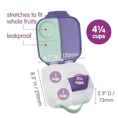 Image of b.box Mini Lunch Box Kids | 4.25 Cup Leak Proof Bento Box for Kids Ages 3+ | 3 Compartment Snack Containers, School Lunch Container, Dishwasher Safe, BPA-Free, PFAS-Free - Lilac Pop