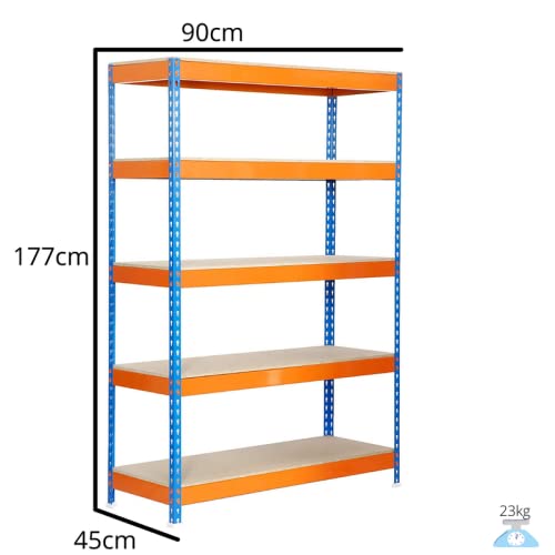 Estantería Modular metálica Reforzada, para Uso Particular y Profesional, 5 Baldas Capacidad de Carga máxima 1000kg. 177cm x 99cm x 45cm. Ideal para garajes, talleres y almacenes.