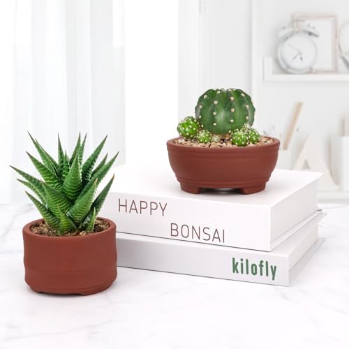 happy bonsai 2 pc 3.0" + 4.1" Unglazed Round Ceramic Succulent Planter Pot Set - 5