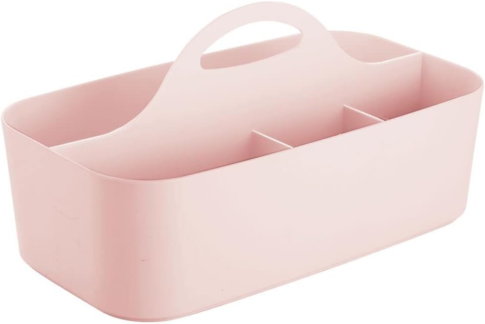 mDesign Plastic Portable Craft Storage Organizer Caddy Tote, Divided Basket Bin with Handle for Craft, Sewing, Art Supplies - Holds Paint Brushes, Colored Pencils, Glue - Small - Light Pink/Blush