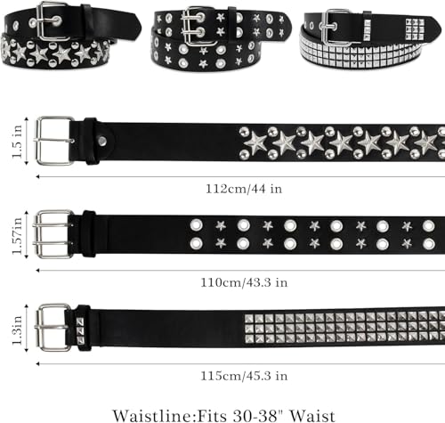 3 Pcs Y2K Goth Punk Rock Belts, Black Studded with Double Grommet, for Women & Men's Fashion2