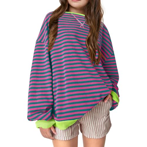 Jersey para niños y niñas, a rayas, bloque de color, cuello redondo, camiseta de manga larga, informal, suelta, sudadera clásica, sudadera con capucha para niña 146, Color morado oscuro., 13-14 años