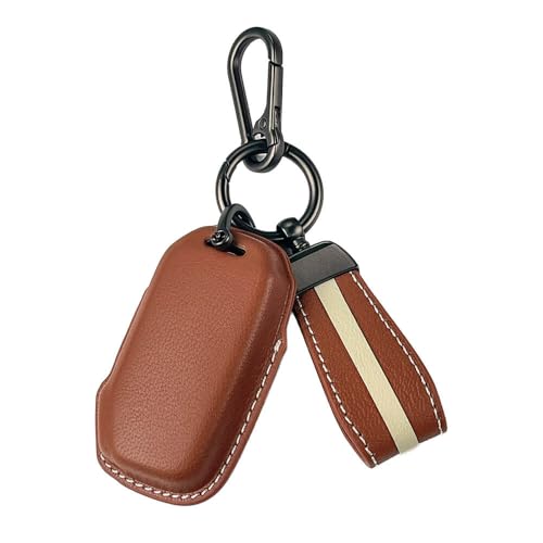 Image of Keyzone Royal Leather Key Cover for Kia Carens Clavis, Carens Clavis, Seltos, Sonet, Carens 2023 Onwards 4 Button Smart Key(Compare Key Shape and Buttons Before Placing Order) (Cognac Brown)