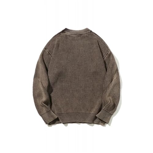 Mens Solid Round Neck Sweater Loose Fit Coffee Long Sleeve Knitted Pullover Tops Fall3